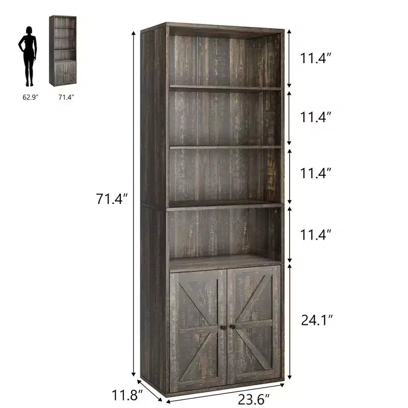 Étagère bibliothèque 6 niveaux style ferme avec tiroir, Organiseur de rangement étroit en bois et métal, Étagère de présentation de style industriel