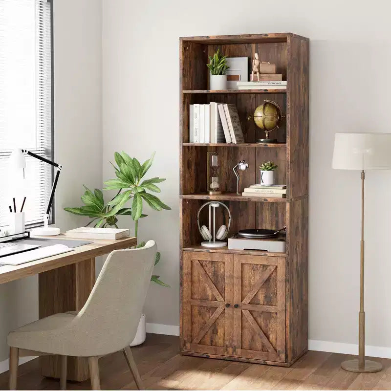 Étagère bibliothèque 6 niveaux style ferme avec tiroir, Organiseur de rangement étroit en bois et métal, Étagère de présentation de style industriel