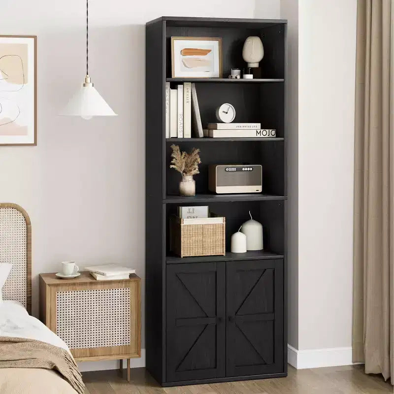 Acekool 71 Tall Farmhouse 6-Tier Bookshelf with Drawer, Wood &amp; Metal Narrow Storage Organizer, Industrial Style Display Shelf