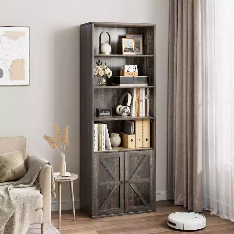 Étagère bibliothèque 6 niveaux style ferme avec tiroir, Organiseur de rangement étroit en bois et métal, Étagère de présentation de style industriel