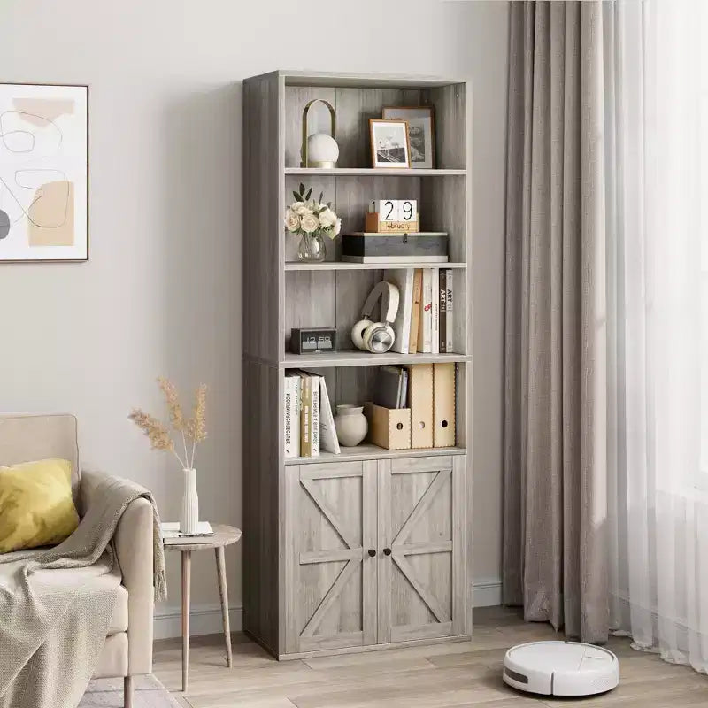Étagère bibliothèque 6 niveaux style ferme avec tiroir, Organiseur de rangement étroit en bois et métal, Étagère de présentation de style industriel