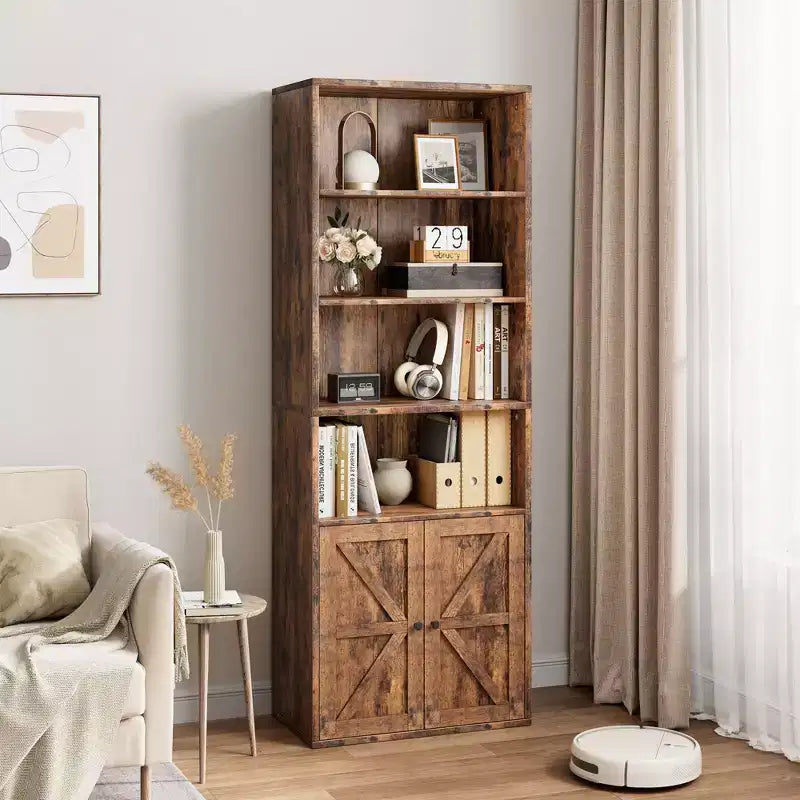 Étagère bibliothèque 6 niveaux style ferme avec tiroir, Organiseur de rangement étroit en bois et métal, Étagère de présentation de style industriel