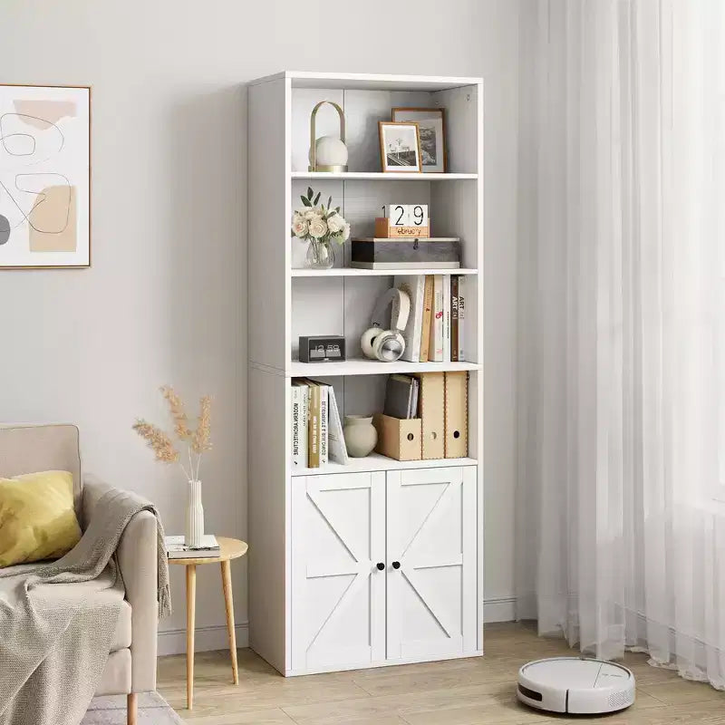 Étagère bibliothèque 6 niveaux style ferme avec tiroir, Organiseur de rangement étroit en bois et métal, Étagère de présentation de style industriel