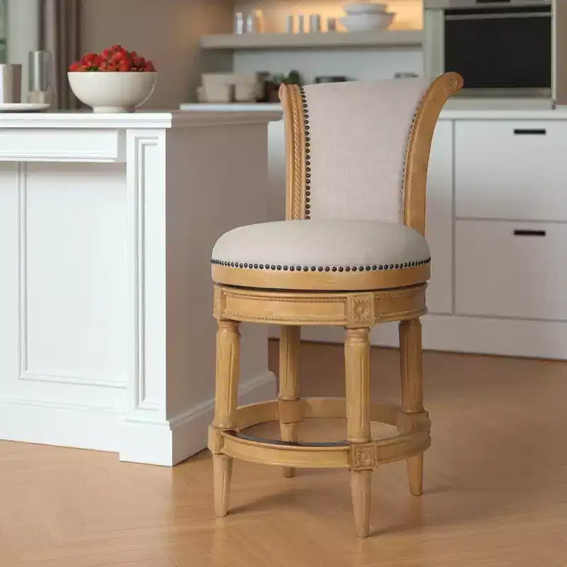 Chaise de bar pivotante à hauteur de comptoir en tissu beige et naturel et bois massif