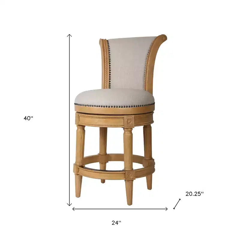 Chaise de bar pivotante à hauteur de comptoir en tissu beige et naturel et bois massif