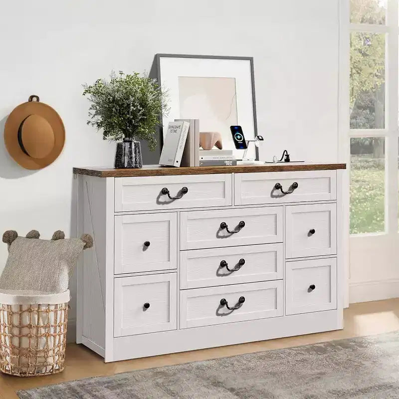 Commode de ferme à 9 tiroirs avec station de charge, commode en bois de 140 cm de large, commodes vintage, meuble TV