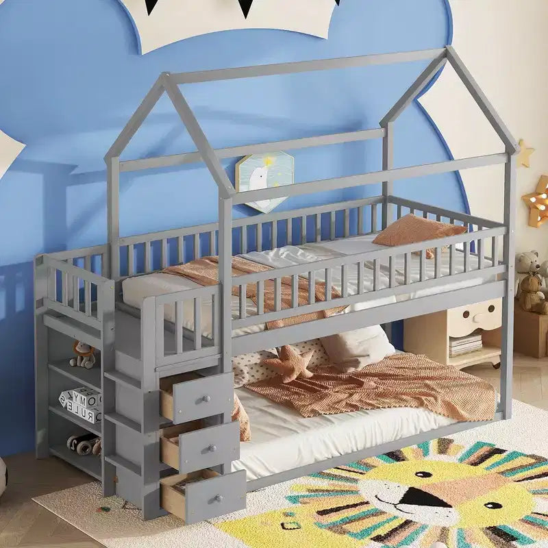 Lit superposé cabane en bois avec toboggan et garde-fou, lit mezzanine avec échelle pour enfants et adolescents, facile à assembler