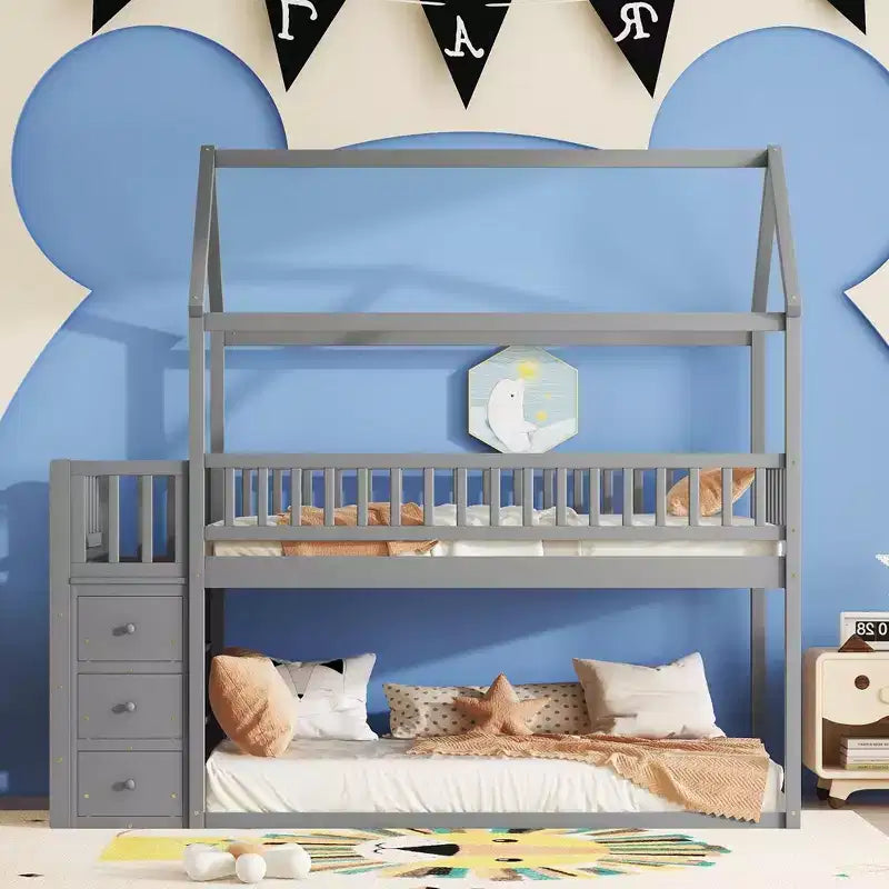 Lit superposé cabane en bois avec toboggan et garde-fou, lit mezzanine avec échelle pour enfants et adolescents, facile à assembler