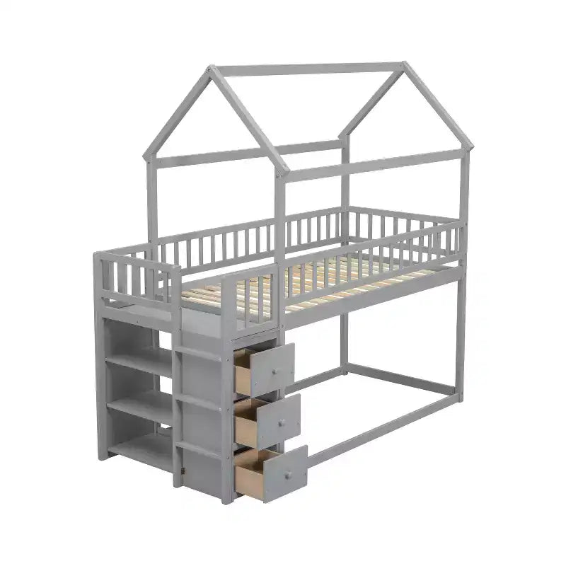 Lit superposé cabane en bois avec toboggan et garde-fou, lit mezzanine avec échelle pour enfants et adolescents, facile à assembler