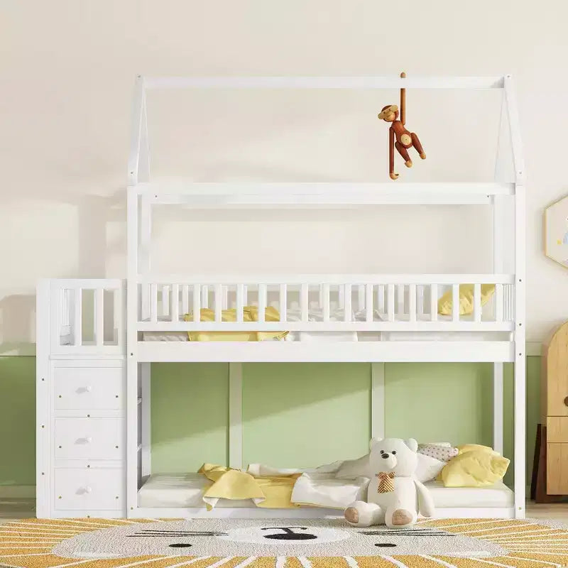Lit superposé cabane en bois avec toboggan et garde-fou, lit mezzanine avec échelle pour enfants et adolescents, facile à assembler