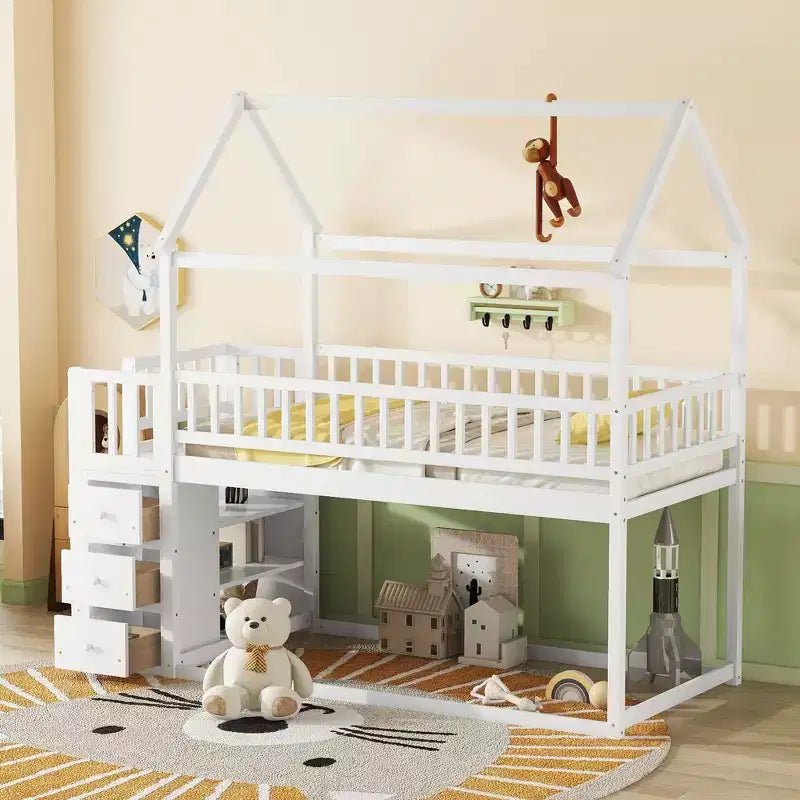 Lit superposé cabane en bois avec toboggan et garde-fou, lit mezzanine avec échelle pour enfants et adolescents, facile à assembler