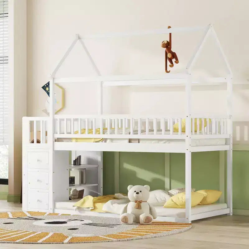Lit superposé cabane en bois avec toboggan et garde-fou, lit mezzanine avec échelle pour enfants et adolescents, facile à assembler