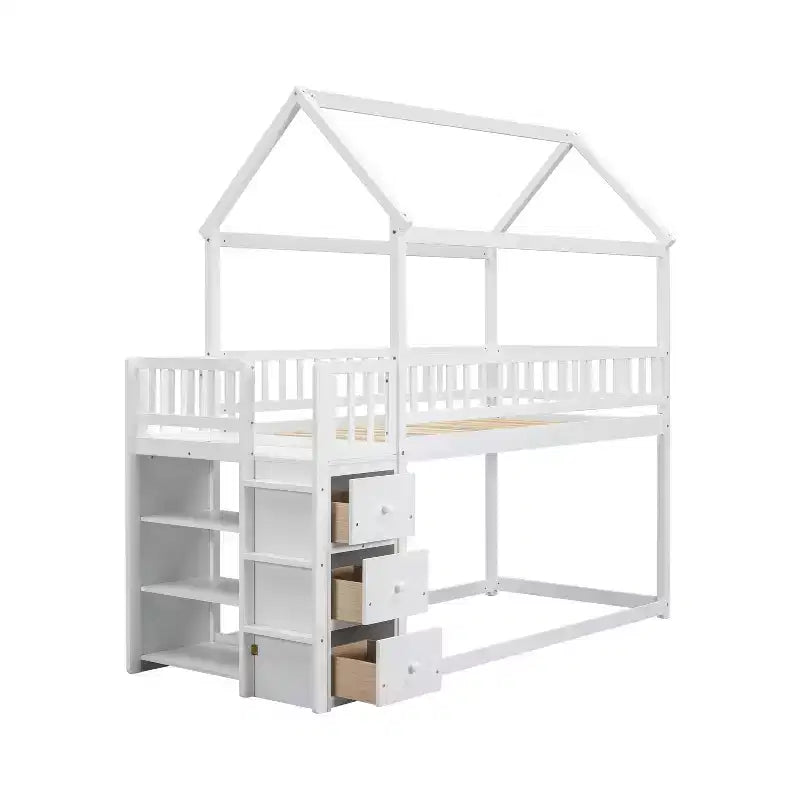 Lit superposé cabane en bois avec toboggan et garde-fou, lit mezzanine avec échelle pour enfants et adolescents, facile à assembler