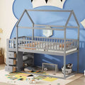 Okak Twin Over Twin Wood House Bunk Bed with Slide &amp; Safety Guardrail Loft Bunk Bed with Ladder for Kids Teens, Easy Assemble