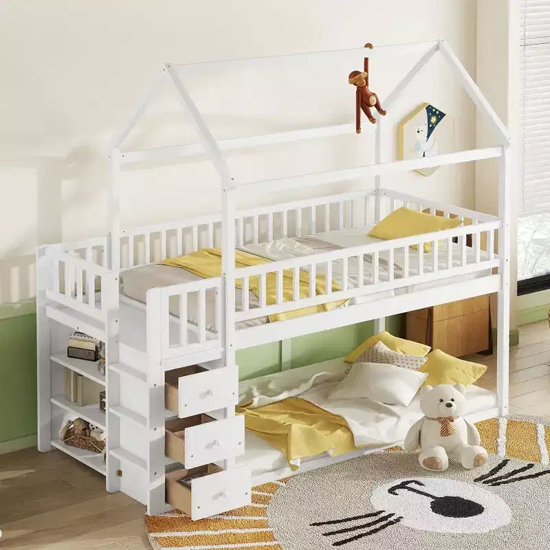 Lit superposé cabane en bois avec toboggan et garde-fou, lit mezzanine avec échelle pour enfants et adolescents, facile à assembler