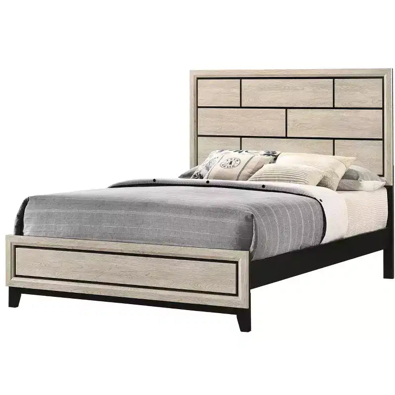 Cadre de lit plateforme contemporain double/grand/queen, lit bas avec tête de lit au design géométrique, lattes en bois solides, facile à assembler