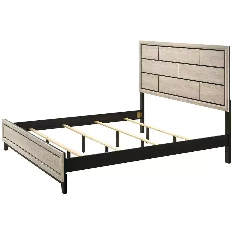 Cadre de lit plateforme contemporain double/grand/queen, lit bas avec tête de lit au design géométrique, lattes en bois solides, facile à assembler