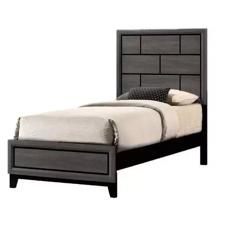 Cadre de lit plateforme contemporain double/grand/queen, lit bas avec tête de lit au design géométrique, lattes en bois solides, facile à assembler
