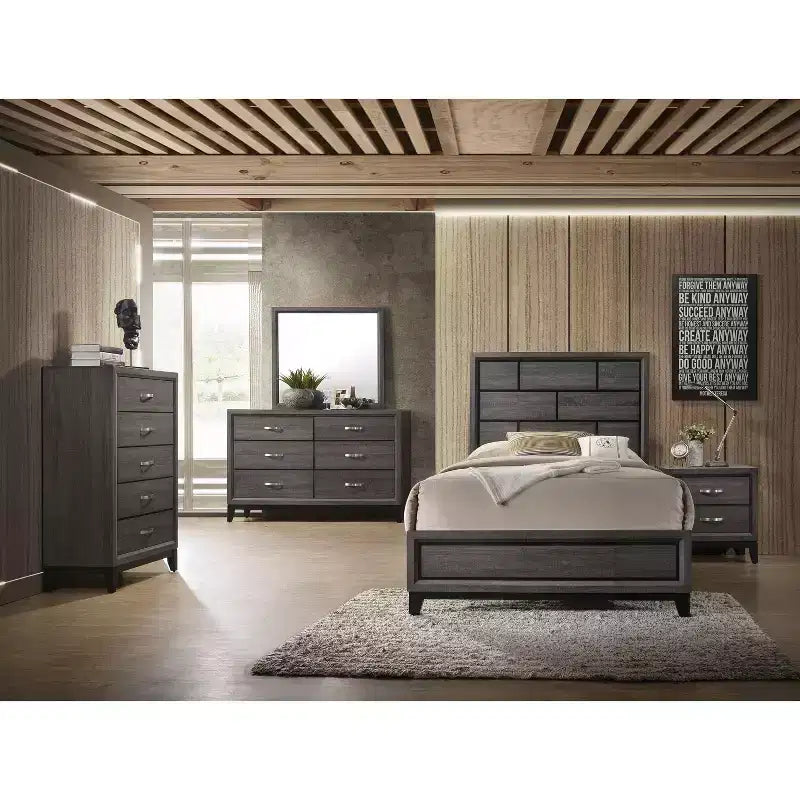 Cadre de lit plateforme contemporain double/grand/queen, lit bas avec tête de lit au design géométrique, lattes en bois solides, facile à assembler