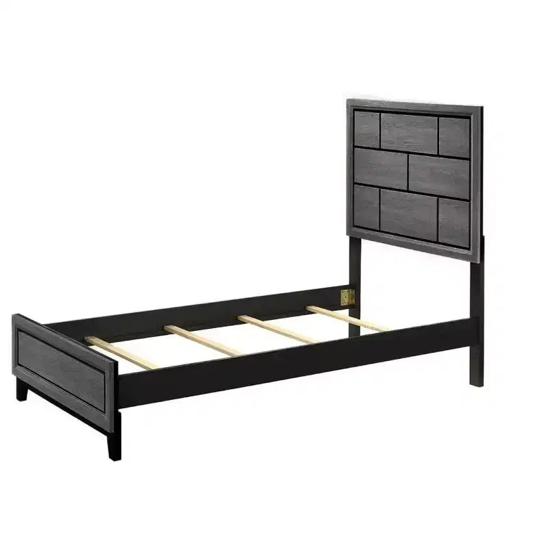 Cadre de lit plateforme contemporain double/grand/queen, lit bas avec tête de lit au design géométrique, lattes en bois solides, facile à assembler