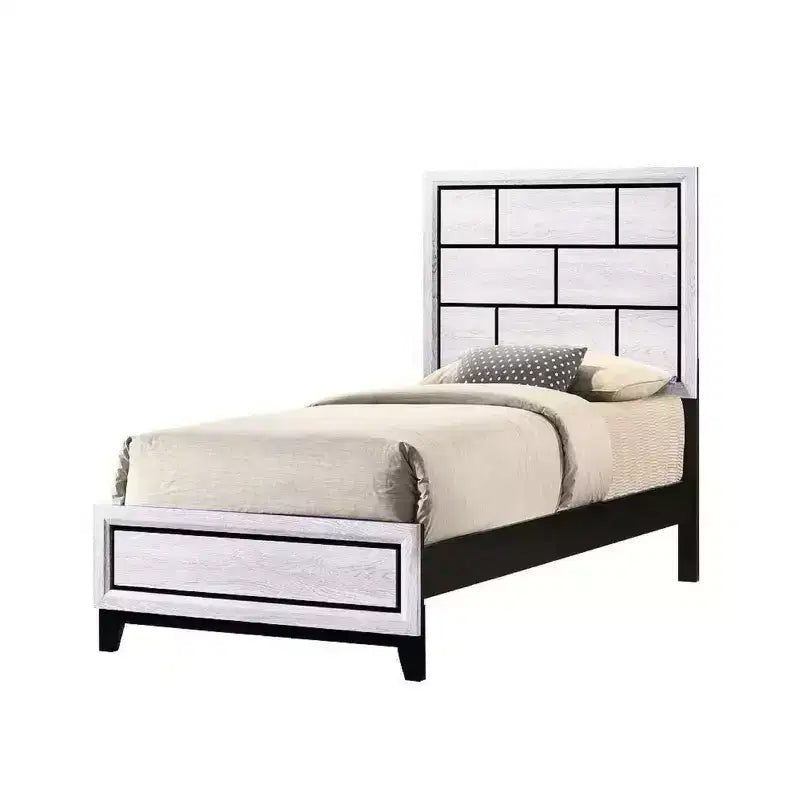 Cadre de lit plateforme contemporain double/grand/queen, lit bas avec tête de lit au design géométrique, lattes en bois solides, facile à assembler