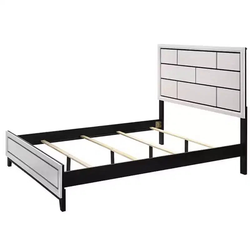 Cadre de lit plateforme contemporain double/grand/queen, lit bas avec tête de lit au design géométrique, lattes en bois solides, facile à assembler