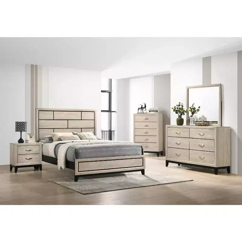 Cadre de lit plateforme contemporain double/grand/queen, lit bas avec tête de lit au design géométrique, lattes en bois solides, facile à assembler