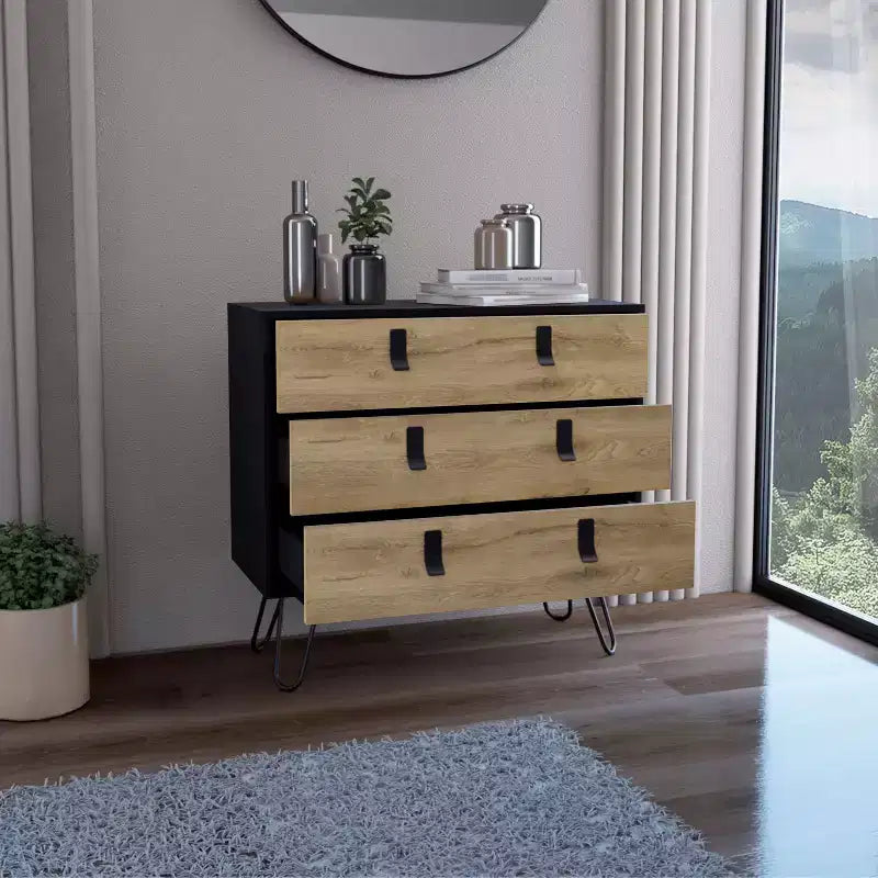 Commode à 3 tiroirs au design moderne avec pieds en épingle à cheveux en métal, armoire de rangement en bois, commode pour chambre à coucher, entrée