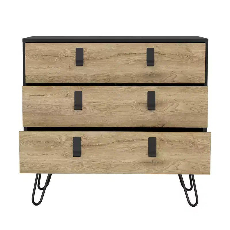 Commode à 3 tiroirs au design moderne avec pieds en épingle à cheveux en métal, armoire de rangement en bois, commode pour chambre à coucher, entrée