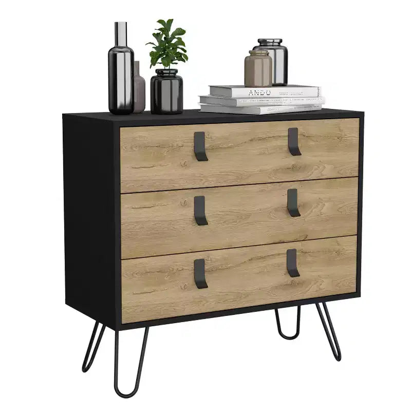 Commode à 3 tiroirs au design moderne avec pieds en épingle à cheveux en métal, armoire de rangement en bois, commode pour chambre à coucher, entrée