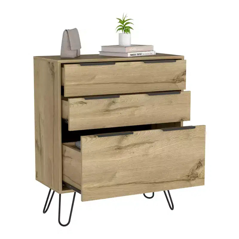 Commode à 3 tiroirs au design moderne avec pieds en épingle à cheveux en métal, armoire de rangement en bois, commode pour chambre à coucher, entrée