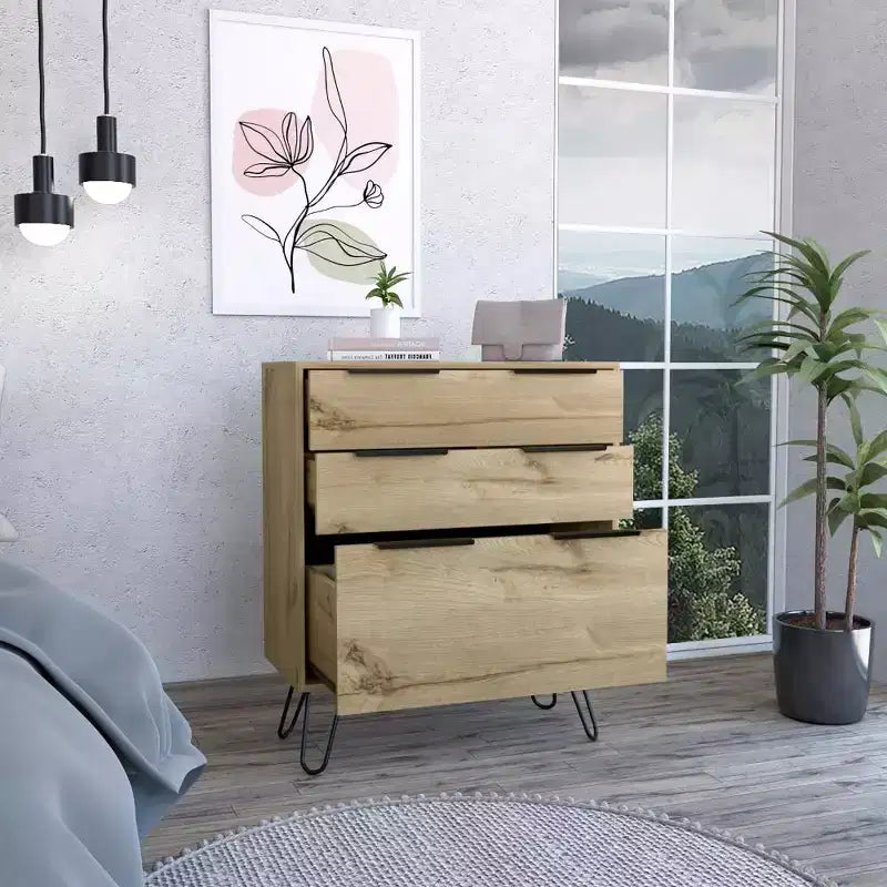 Commode à 3 tiroirs au design moderne avec pieds en épingle à cheveux en métal, armoire de rangement en bois, commode pour chambre à coucher, entrée