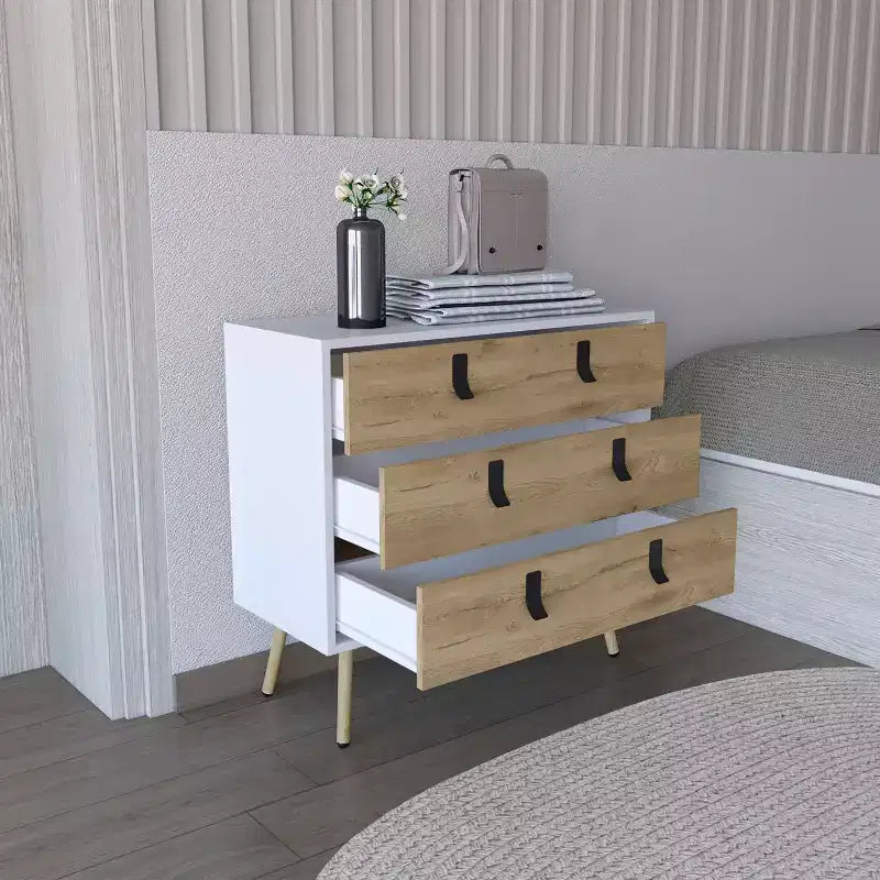 Commode à 3 tiroirs au design moderne avec pieds en épingle à cheveux en métal, armoire de rangement en bois, commode pour chambre à coucher, entrée