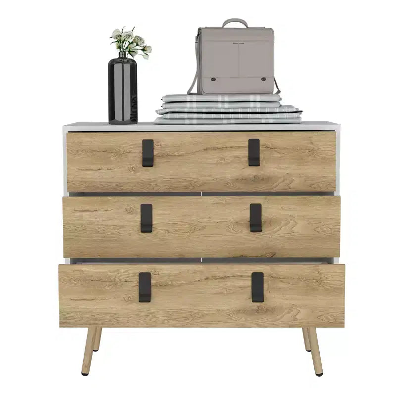 Commode à 3 tiroirs au design moderne avec pieds en épingle à cheveux en métal, armoire de rangement en bois, commode pour chambre à coucher, entrée