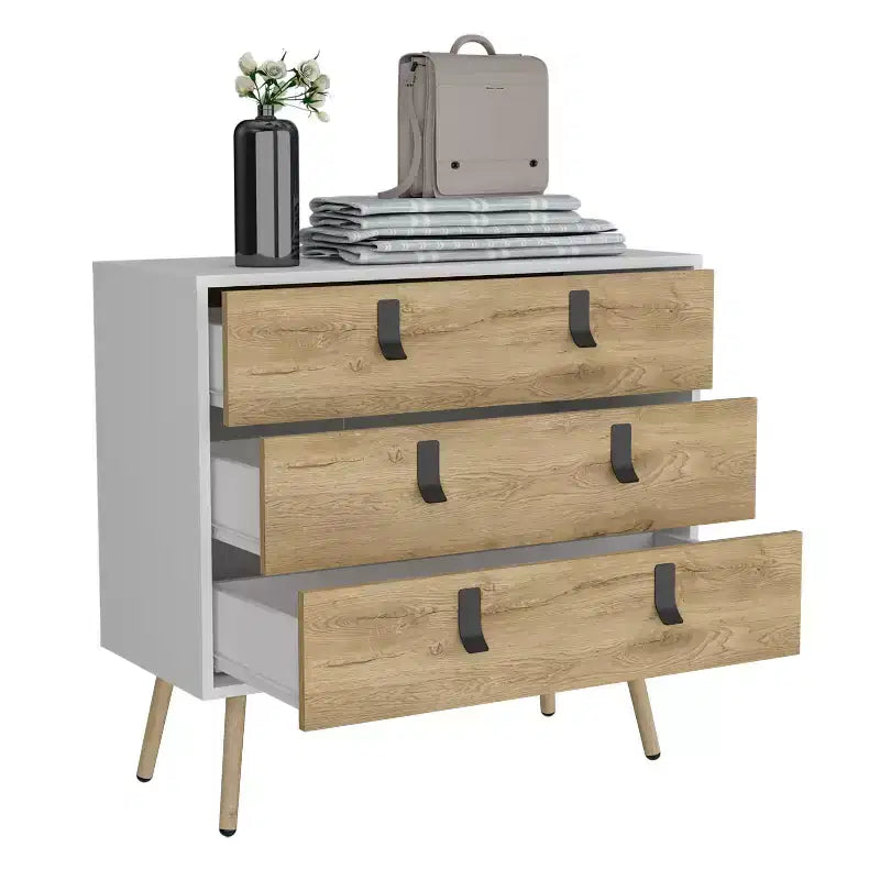 Commode à 3 tiroirs au design moderne avec pieds en épingle à cheveux en métal, armoire de rangement en bois, commode pour chambre à coucher, entrée