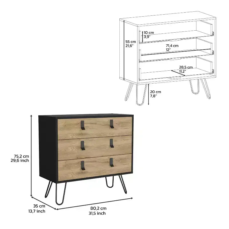 Commode à 3 tiroirs au design moderne avec pieds en épingle à cheveux en métal, armoire de rangement en bois, commode pour chambre à coucher, entrée