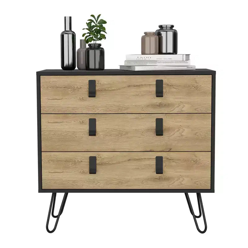 Commode à 3 tiroirs au design moderne avec pieds en épingle à cheveux en métal, armoire de rangement en bois, commode pour chambre à coucher, entrée