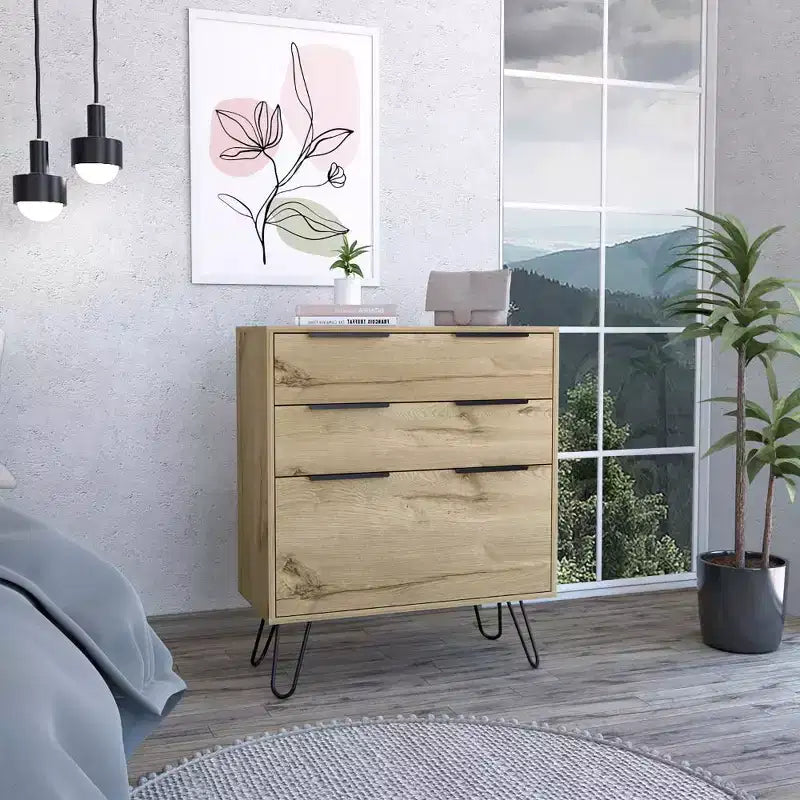 Commode à 3 tiroirs au design moderne avec pieds en épingle à cheveux en métal, armoire de rangement en bois, commode pour chambre à coucher, entrée