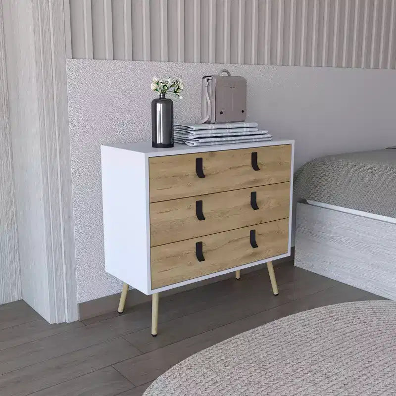 Commode à 3 tiroirs au design moderne avec pieds en épingle à cheveux en métal, armoire de rangement en bois, commode pour chambre à coucher, entrée