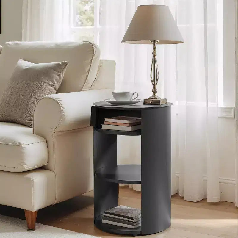 Table d'appoint ronde à 3 niveaux avec porte coulissante, style moderne
