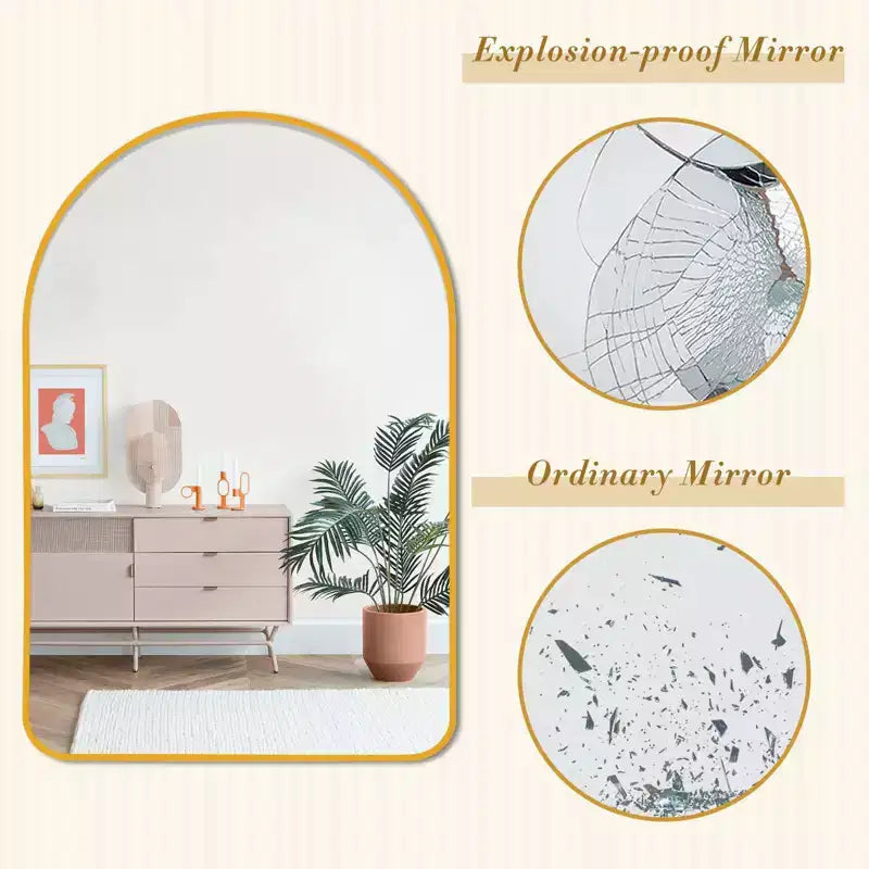 Miroir mural arche en aluminium à bord fin arrondi doré