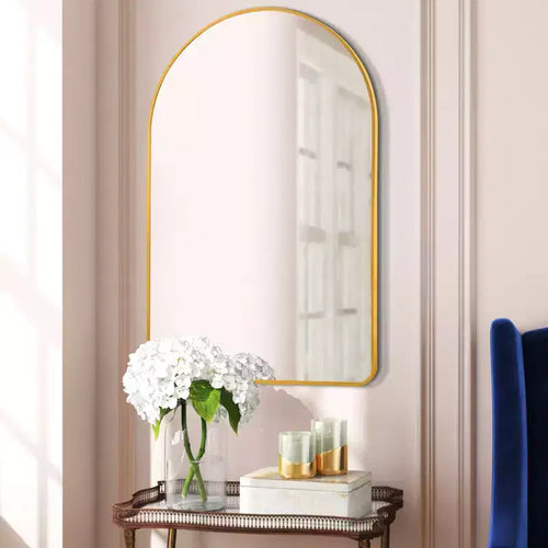 Miroir mural arche en aluminium à bord fin arrondi doré