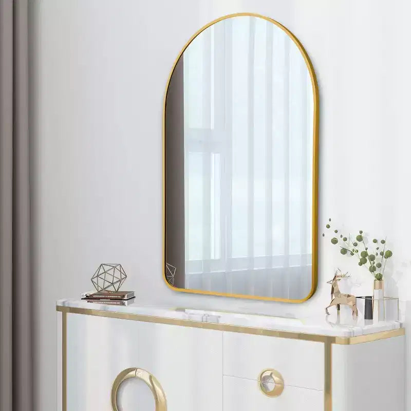 Miroir mural arche en aluminium à bord fin arrondi doré