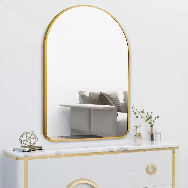 Miroir mural arche en aluminium à bord fin arrondi doré
