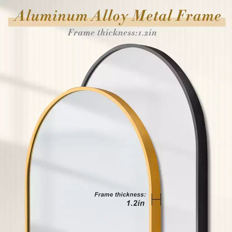 Miroir mural arche en aluminium à bord fin arrondi doré