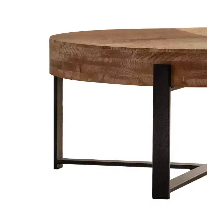 Table basse ronde avec plateau en bois et piètement croisé en métal noir/doré Style rétro pour salon