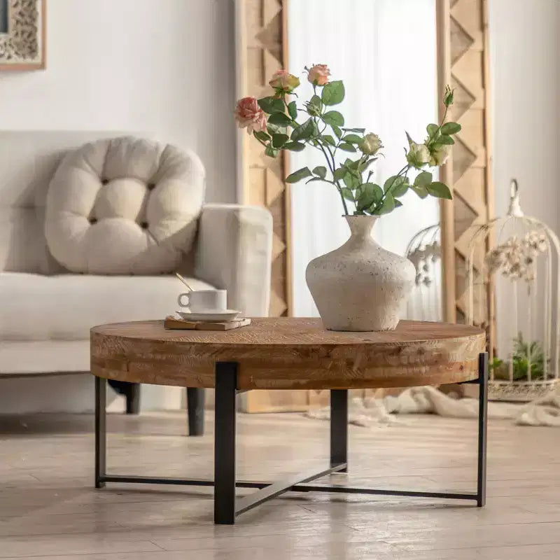 Table basse ronde avec plateau en bois et piètement croisé en métal noir/doré Style rétro pour salon