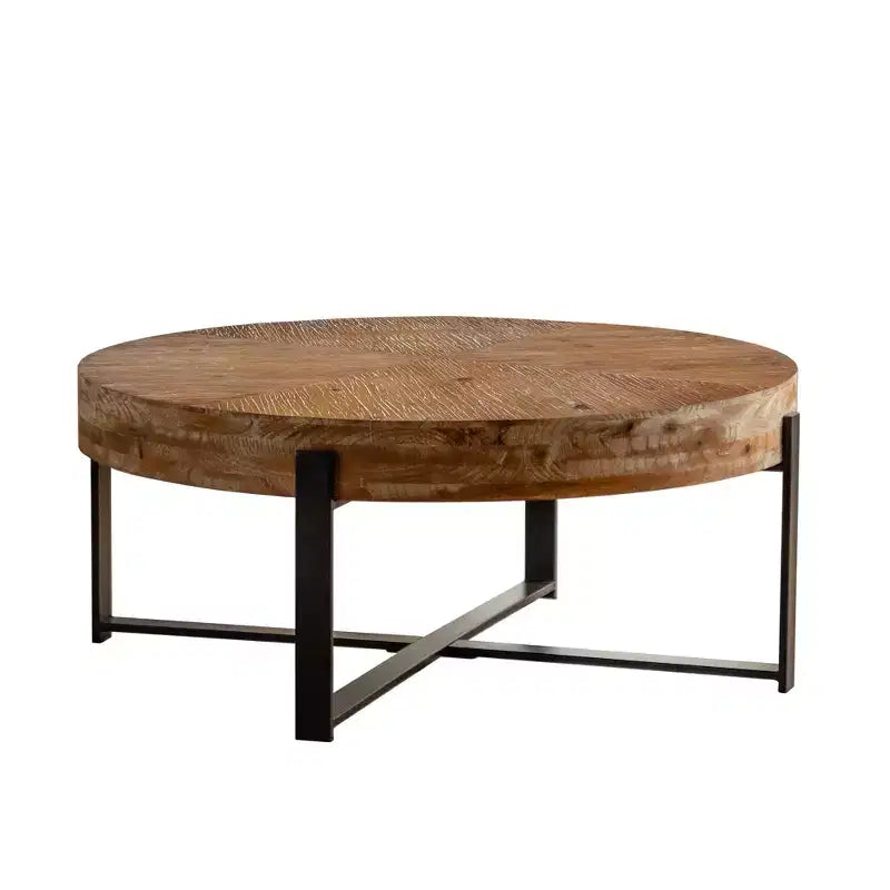 Table basse ronde avec plateau en bois et piètement croisé en métal noir/doré Style rétro pour salon