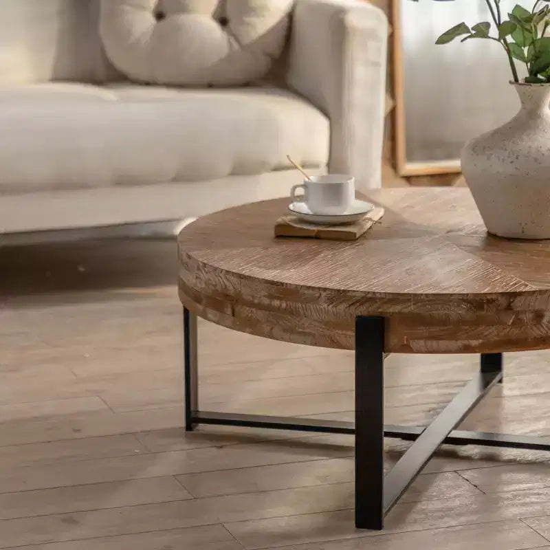 Table basse ronde avec plateau en bois et piètement croisé en métal noir/doré Style rétro pour salon