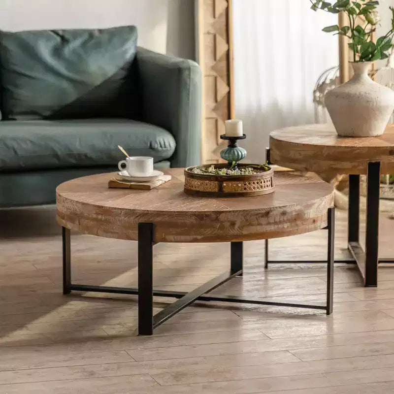 Table basse ronde avec plateau en bois et piètement croisé en métal noir/doré Style rétro pour salon